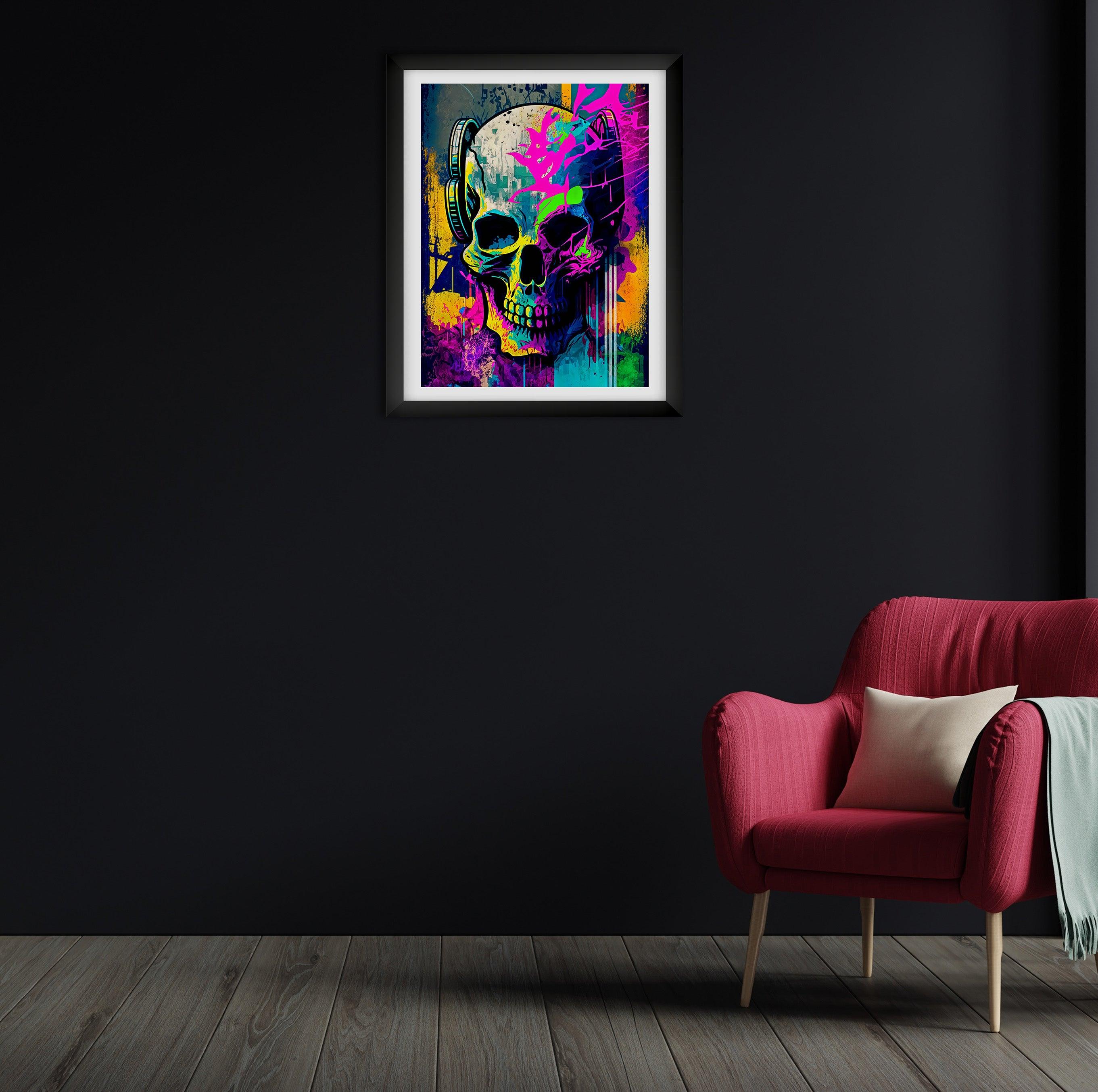 Retro Skull Graffiti Street Art Wall Art | Vintage 90s Spray Paint Pop Art Poster Illustration - Vivid Roads