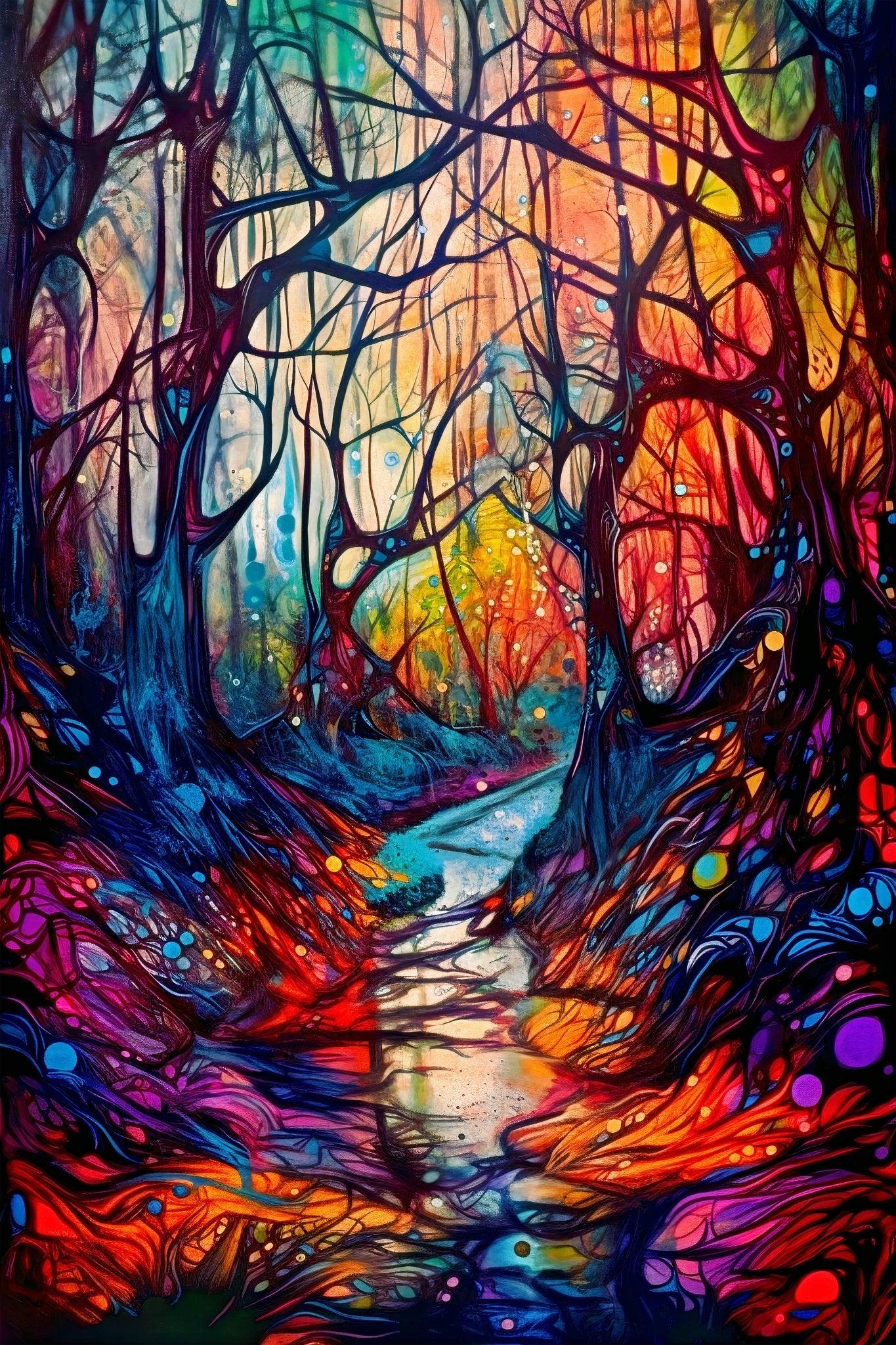 Abstract Enchanted Magical Forest Woods Wall Art | Modern Wall Decoration Illustration Print - Vivid Roads