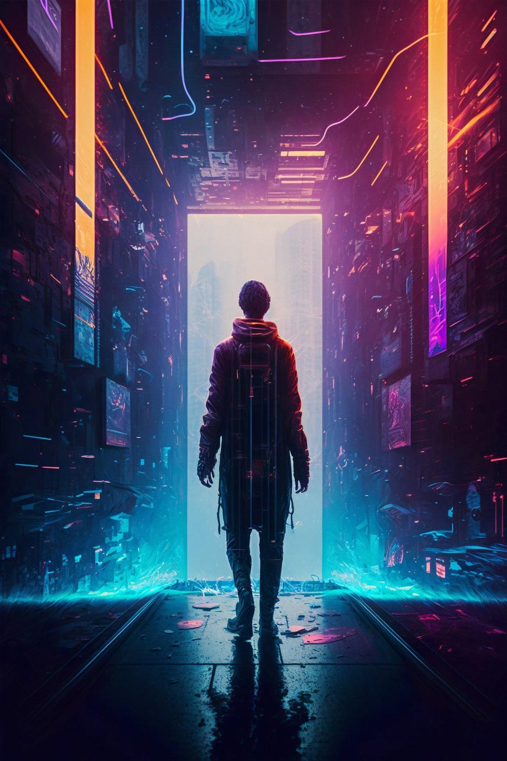 Cyberpunk Sci-Fi Wall Art | Neo Futuristic Dystopian Surreal Art Print | Cyber Walk - Vivid Roads