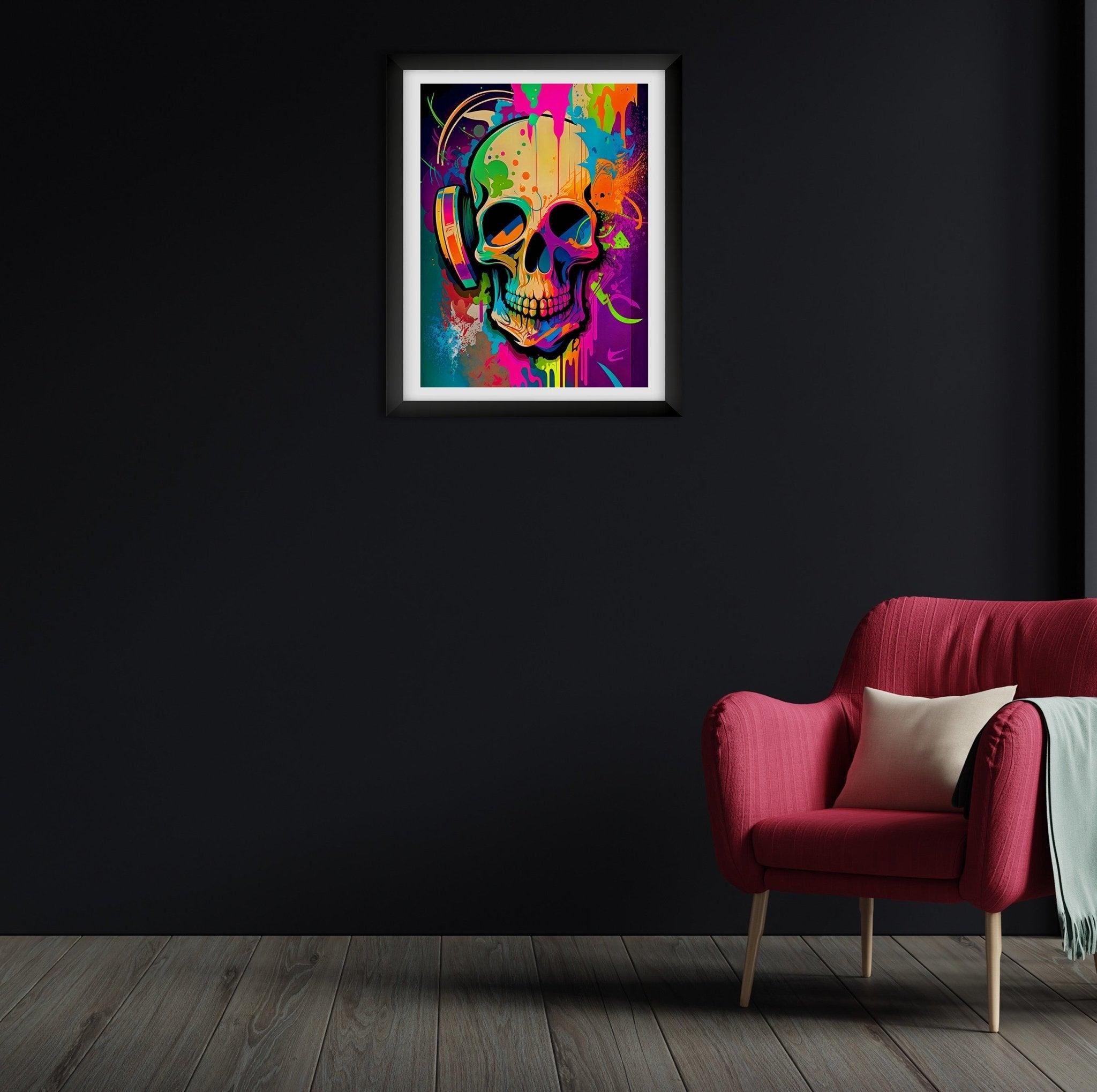 Retro Skull Graffiti Street Art Wall Art | Vintage 90s Spray Paint Pop Art Poster Illustration | Urban Statement Print Hip Hop Music Gothic - Vivid Roads