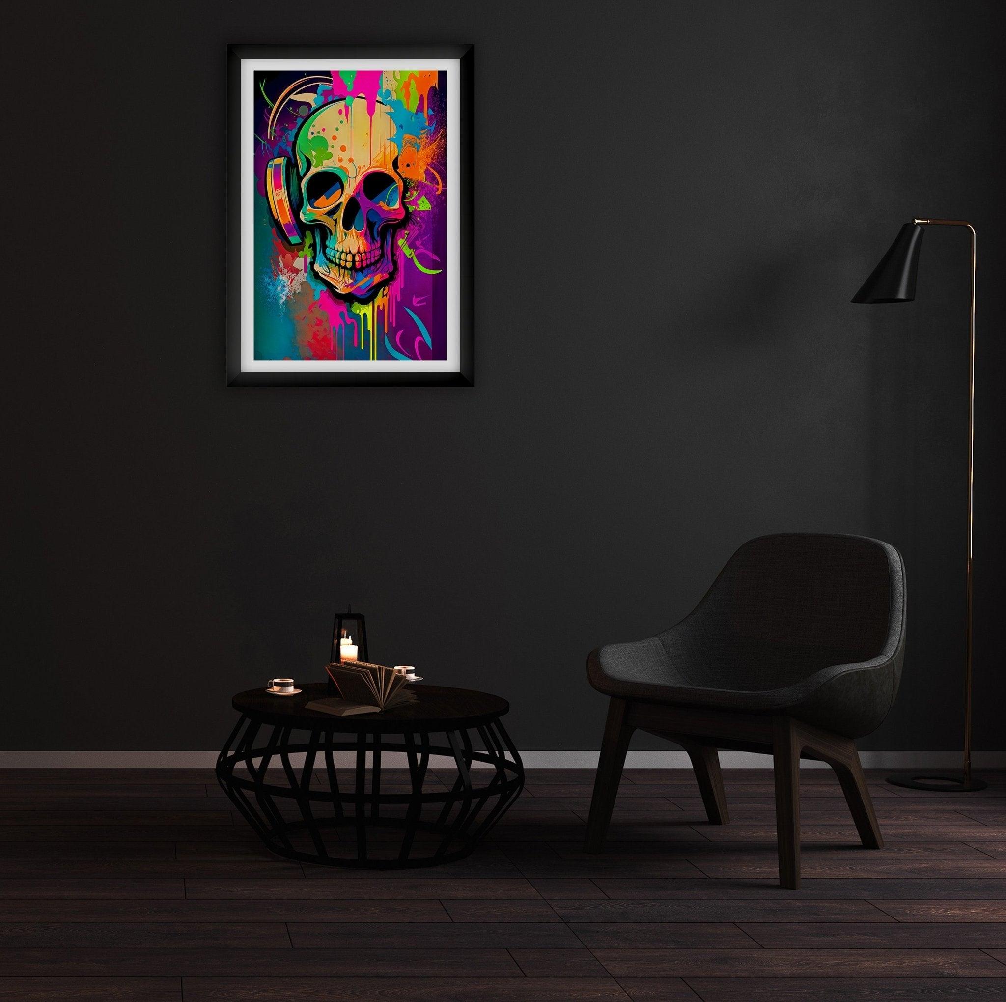 Retro Skull Graffiti Street Art Wall Art | Vintage 90s Spray Paint Pop Art Poster Illustration | Urban Statement Print Hip Hop Music Gothic - Vivid Roads