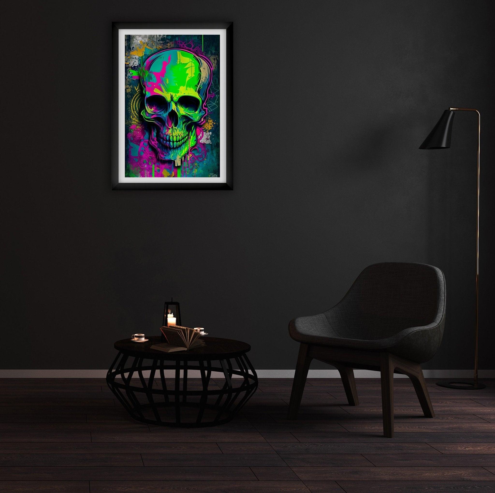 Retro Skull Graffiti Street Art Wall Art | Vintage 90s Spray Paint Pop Art Poster Illustration | Urban Statement Print Hip Hop Music Gothic - Vivid Roads