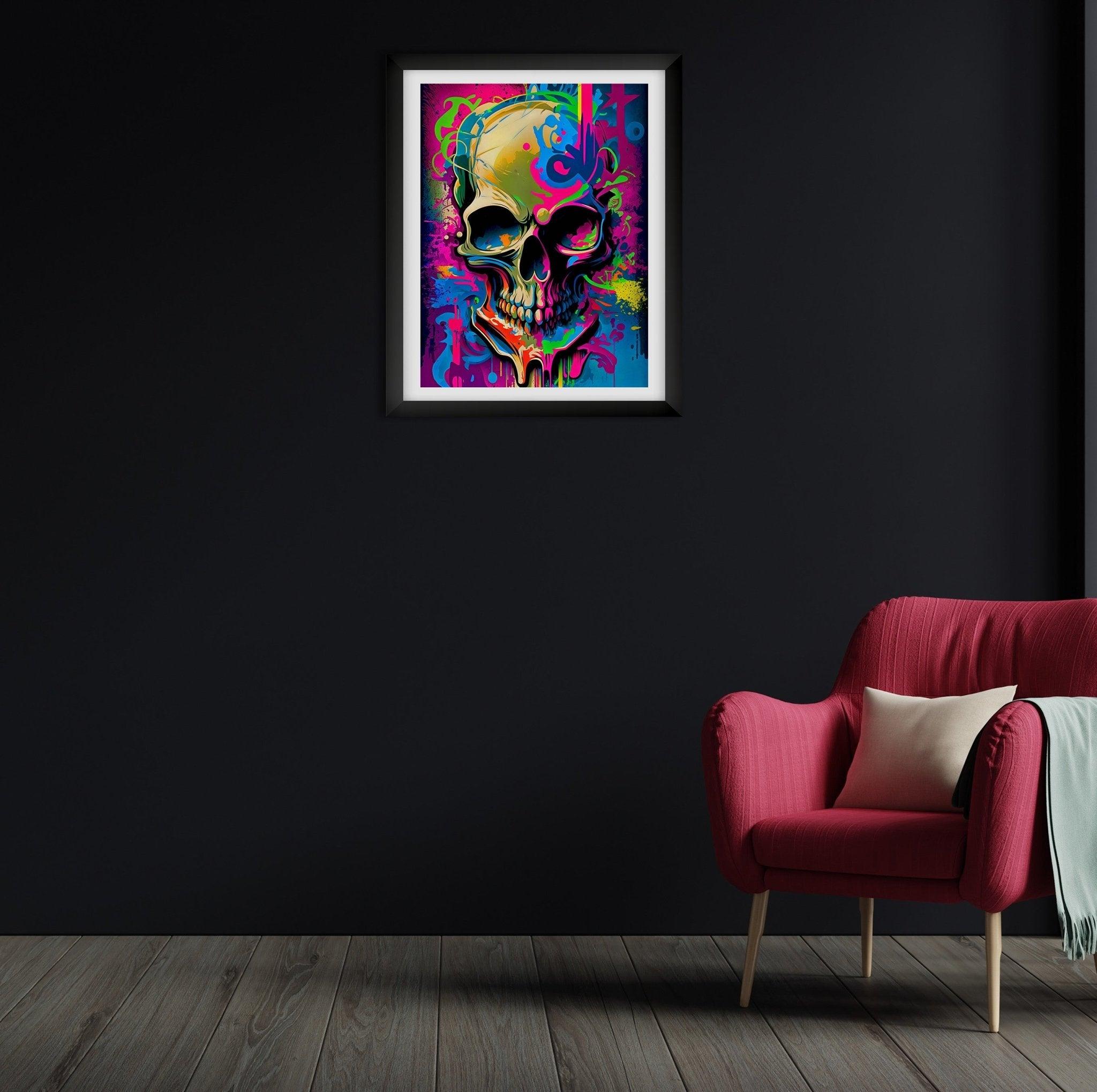 Retro Skull Graffiti Street Art Wall Art | Vintage 90s Spray Paint Pop Art Poster Illustration | Urban Statement Print Hip Hop Music Gothic - Vivid Roads