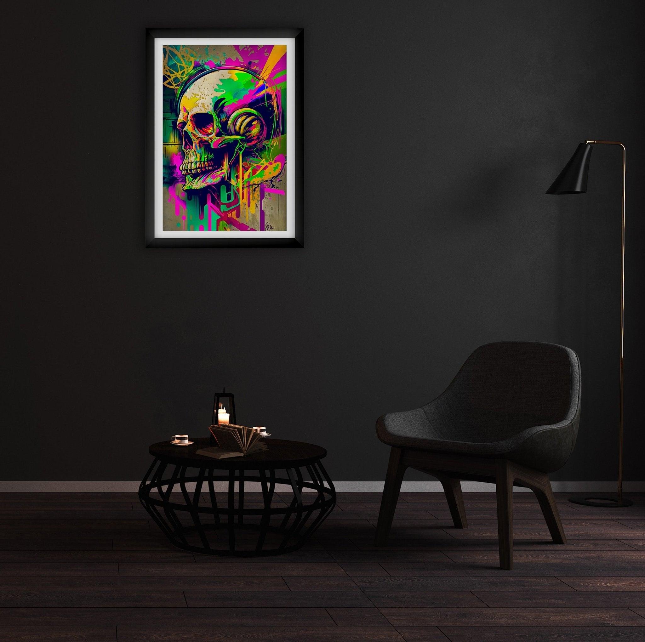 Retro Skull Graffiti Street Art Wall Art | Vintage 90s Spray Paint Pop Art Poster Illustration | Urban Statement Print Hip Hop Music Gothic - Vivid Roads