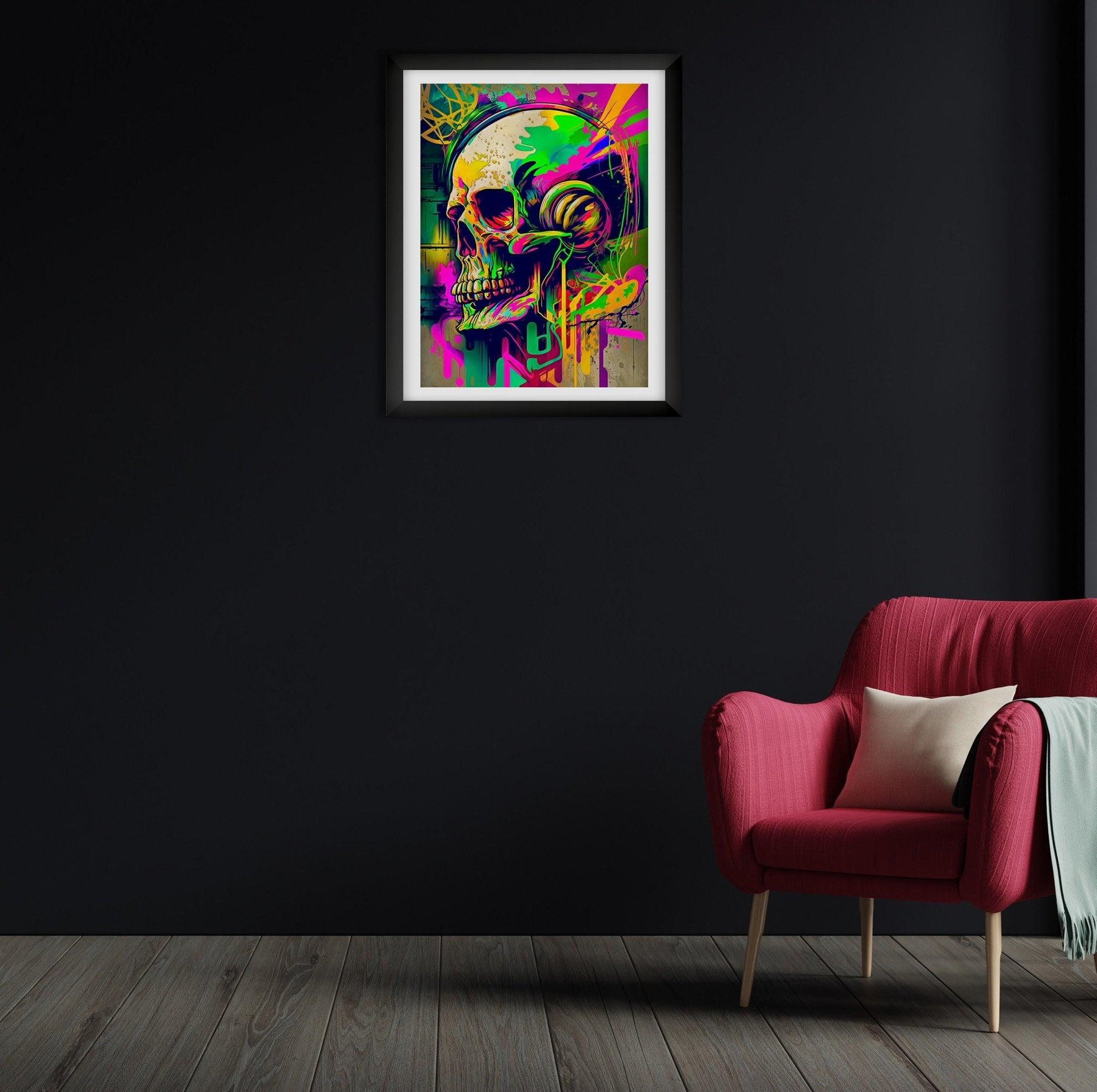 Retro Skull Graffiti Street Art Wall Art | Vintage 90s Spray Paint Pop Art Poster Illustration | Urban Statement Print Hip Hop Music Gothic - Vivid Roads