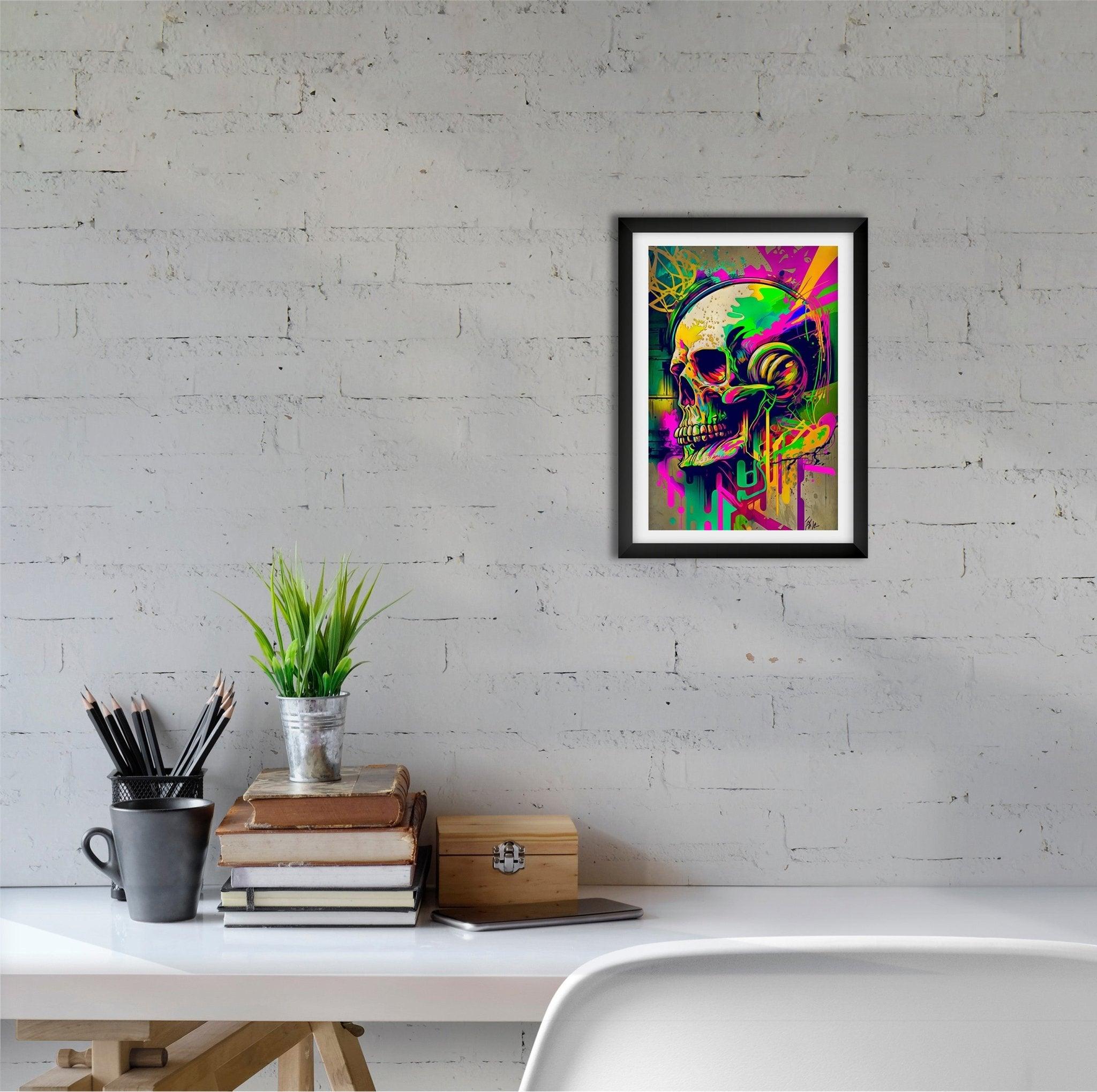 Retro Skull Graffiti Street Art Wall Art | Vintage 90s Spray Paint Pop Art Poster Illustration | Urban Statement Print Hip Hop Music Gothic - Vivid Roads