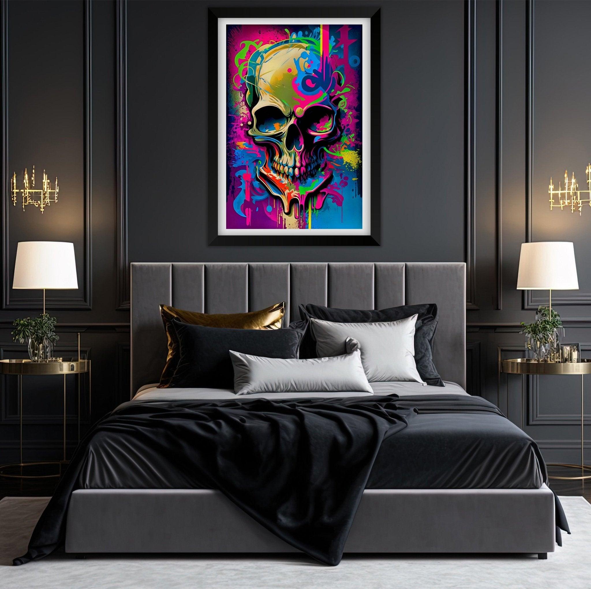 Retro Skull Graffiti Street Art Wall Art | Vintage 90s Spray Paint Pop Art Poster Illustration | Urban Statement Print Hip Hop Music Gothic - Vivid Roads