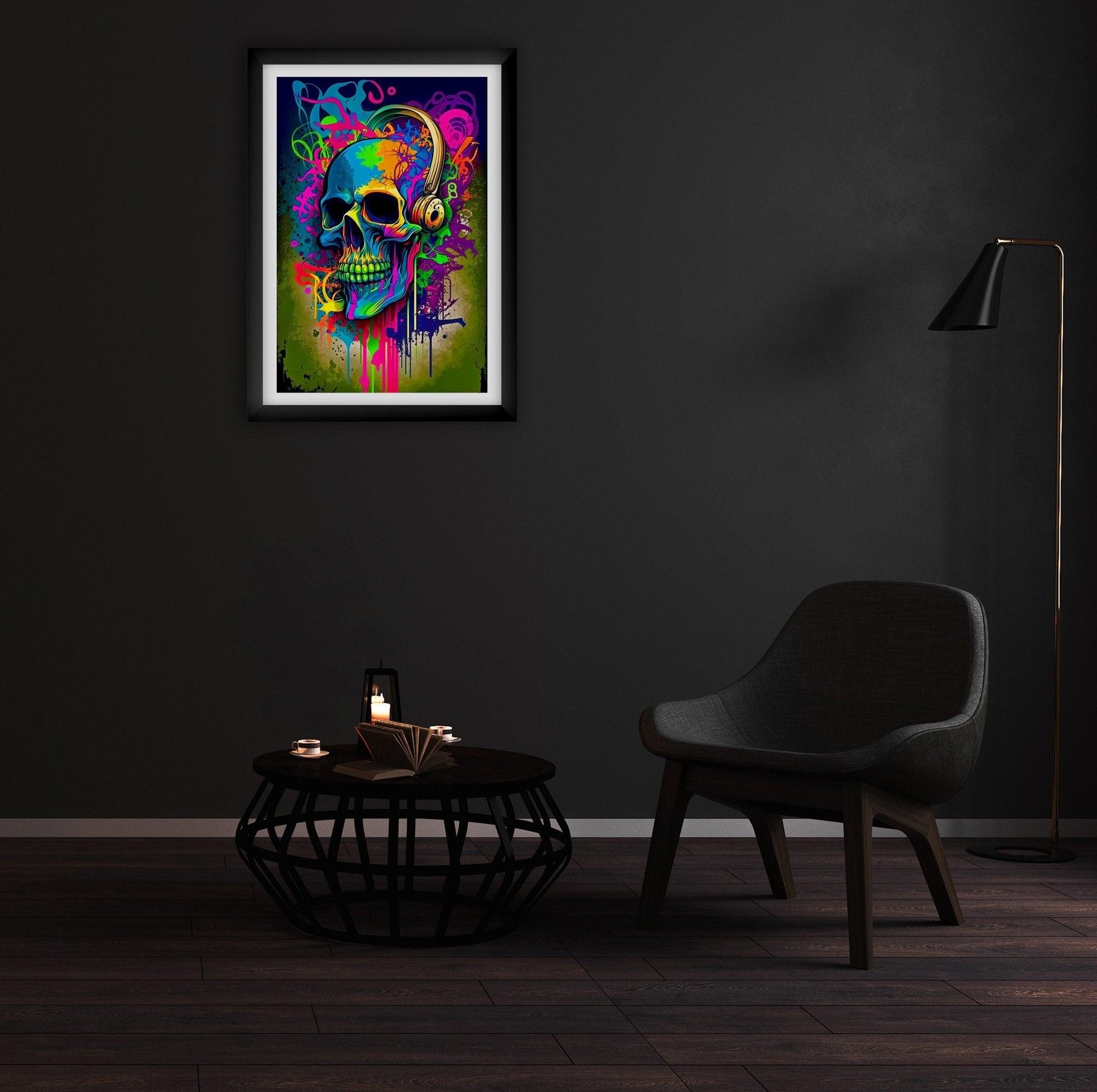 Retro Skull Graffiti Street Art Wall Art | Vintage 90s Spray Paint Pop Art Poster Illustration | Urban Statement Print Hip Hop Music Gothic - Vivid Roads
