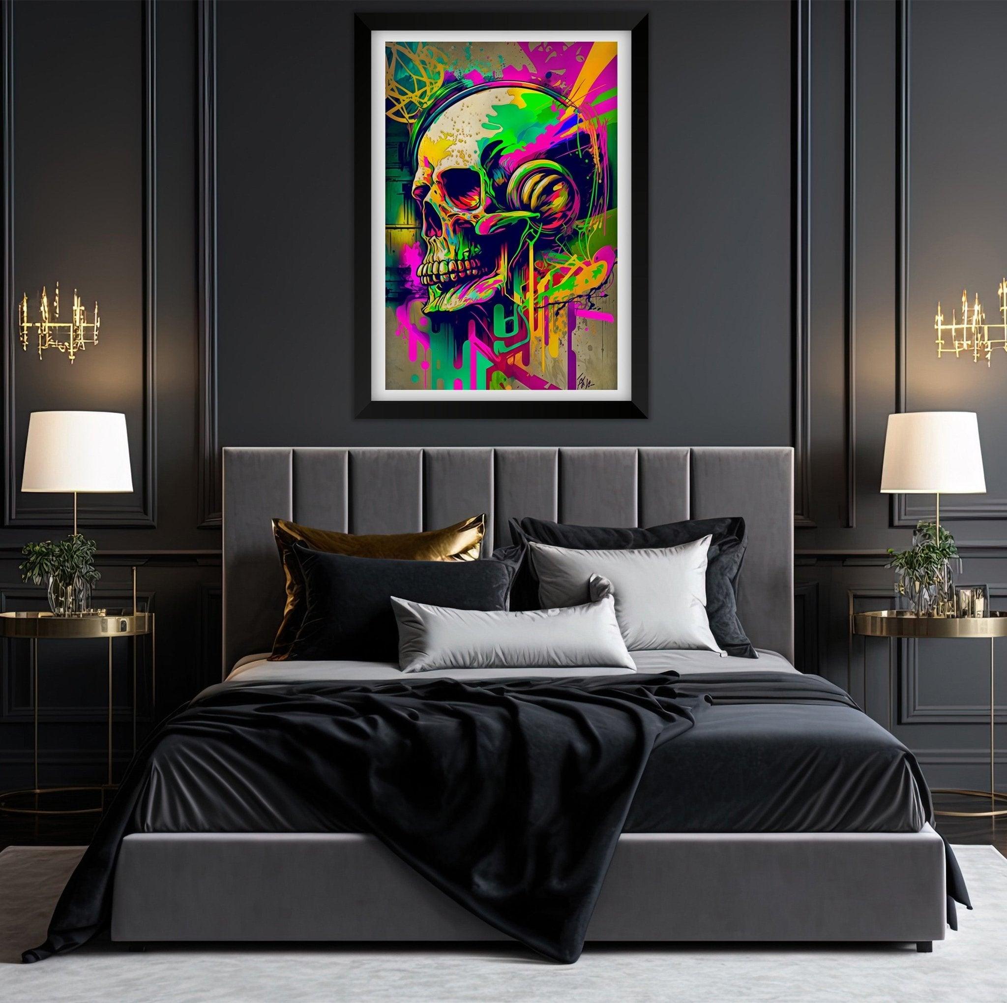 Retro Skull Graffiti Street Art Wall Art | Vintage 90s Spray Paint Pop Art Poster Illustration | Urban Statement Print Hip Hop Music Gothic - Vivid Roads