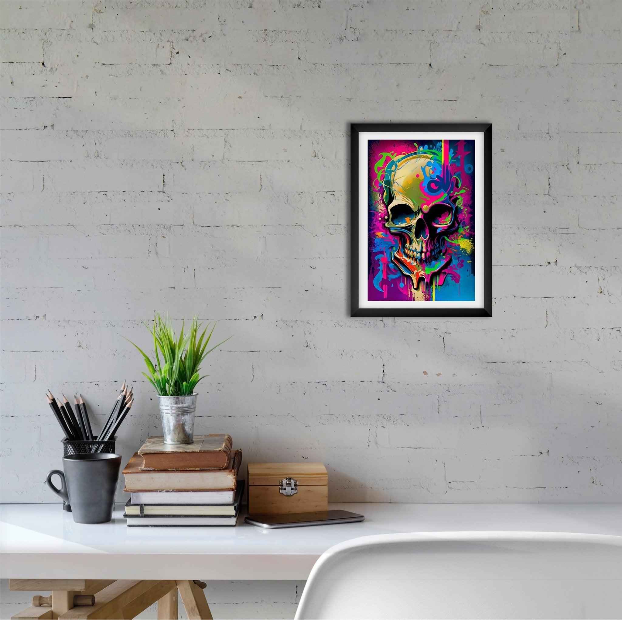 Retro Skull Graffiti Street Art Wall Art | Vintage 90s Spray Paint Pop Art Poster Illustration | Urban Statement Print Hip Hop Music Gothic - Vivid Roads