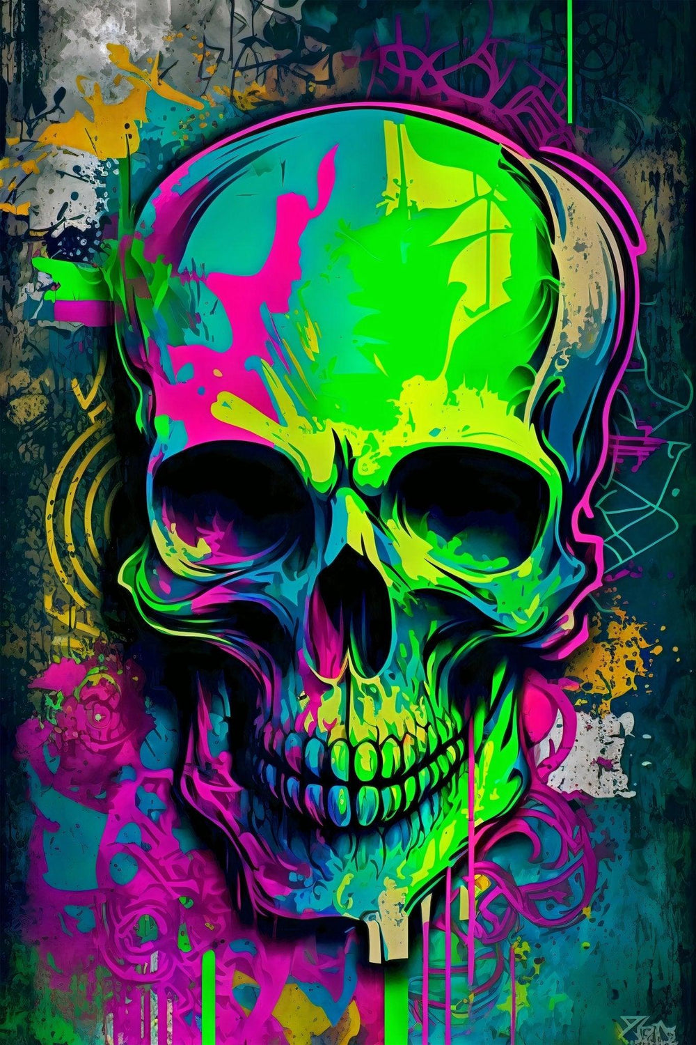 Retro Skull Graffiti Street Art Wall Art | Vintage 90s Spray Paint Pop Art Poster Illustration | Urban Statement Print Hip Hop Music Gothic - Vivid Roads