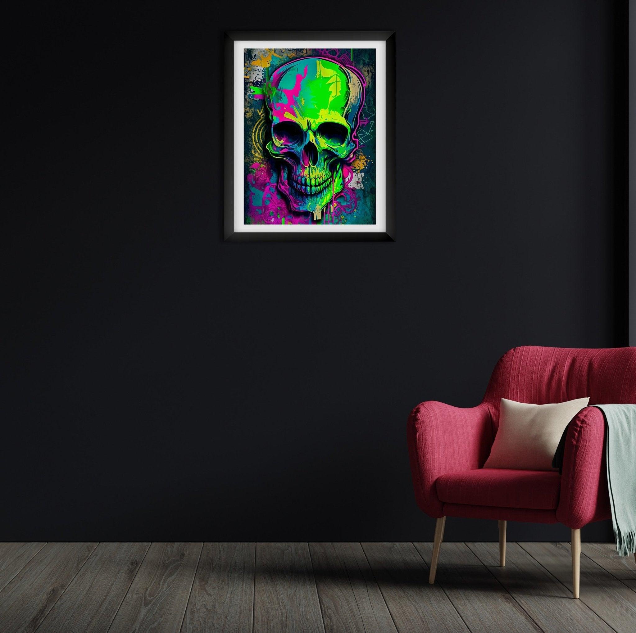 Retro Skull Graffiti Street Art Wall Art | Vintage 90s Spray Paint Pop Art Poster Illustration | Urban Statement Print Hip Hop Music Gothic - Vivid Roads