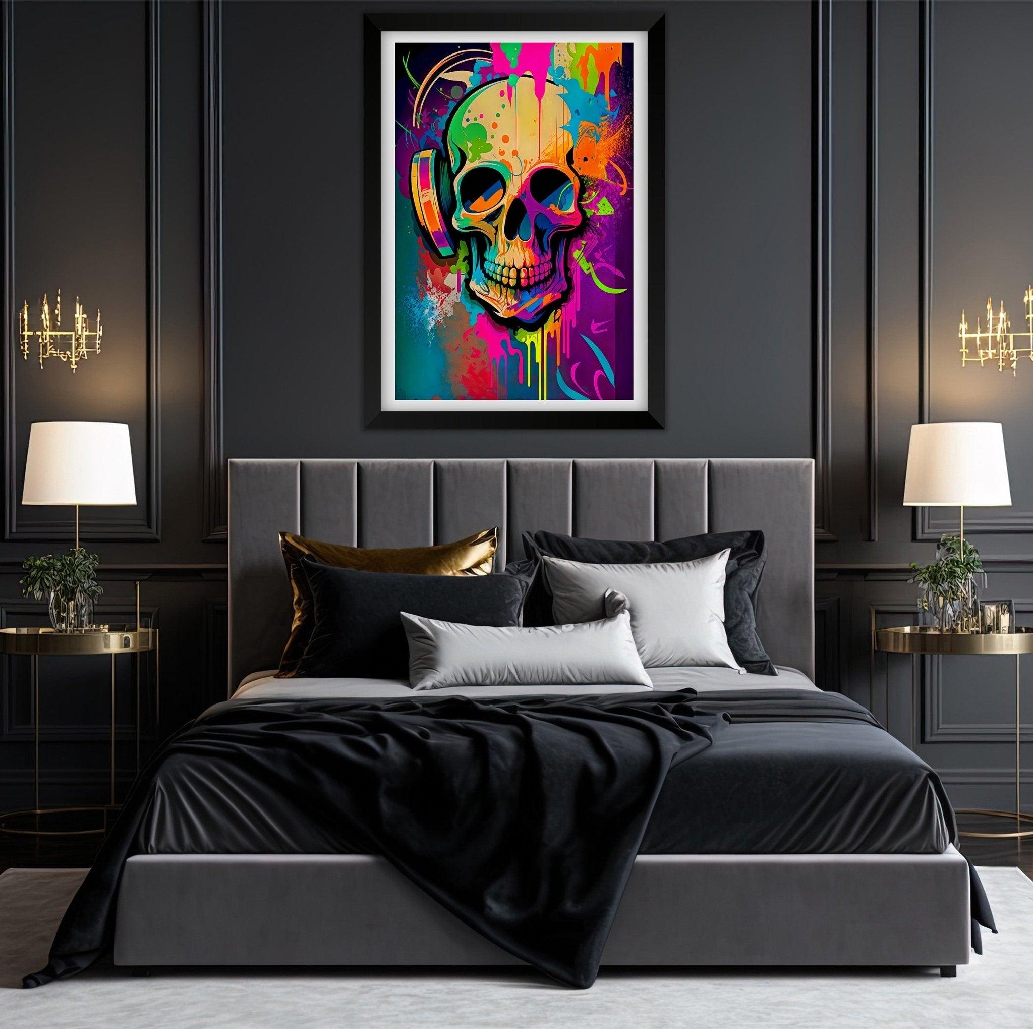 Retro Skull Graffiti Street Art Wall Art | Vintage 90s Spray Paint Pop Art Poster Illustration | Urban Statement Print Hip Hop Music Gothic - Vivid Roads