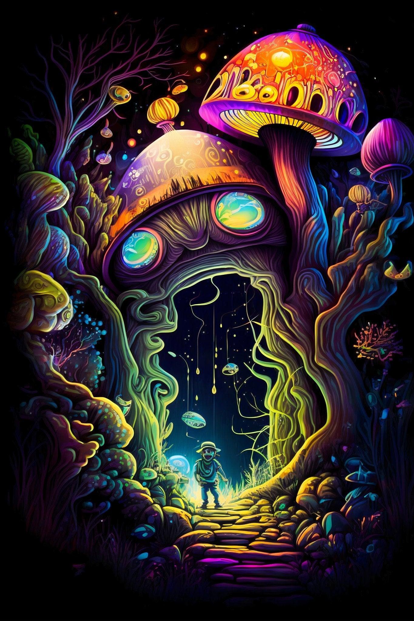 Trippy Psychedelic Abstract Wall Art | Surreal Magic Mushroom Forest Fantasy Illustration - Vivid Roads